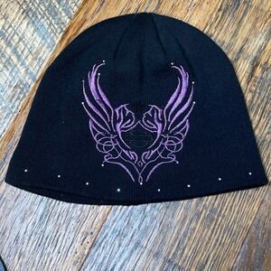 Harley-Davidson Beanie Black Purple Winged Logo Rhinestone Knit Skull Cap Hat